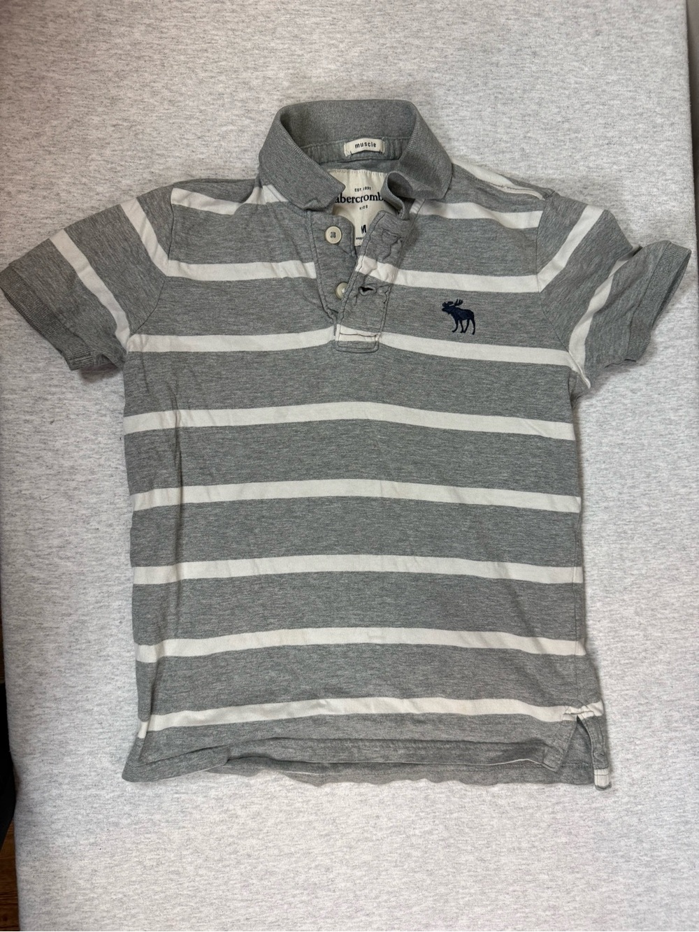 Abercrombie Kids Boys Striped Muscle Fit Polo Gray/White - Size Medium